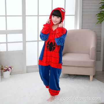 Reka bentuk Spiderman Piyama Hooded Flanel Soft Flanel